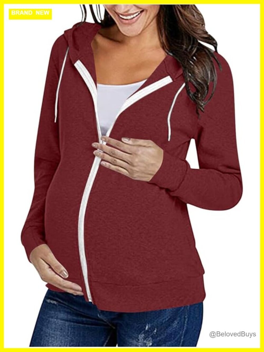 Full Zip Long Sleeve Maternity Hoodie Jacket with Pockets